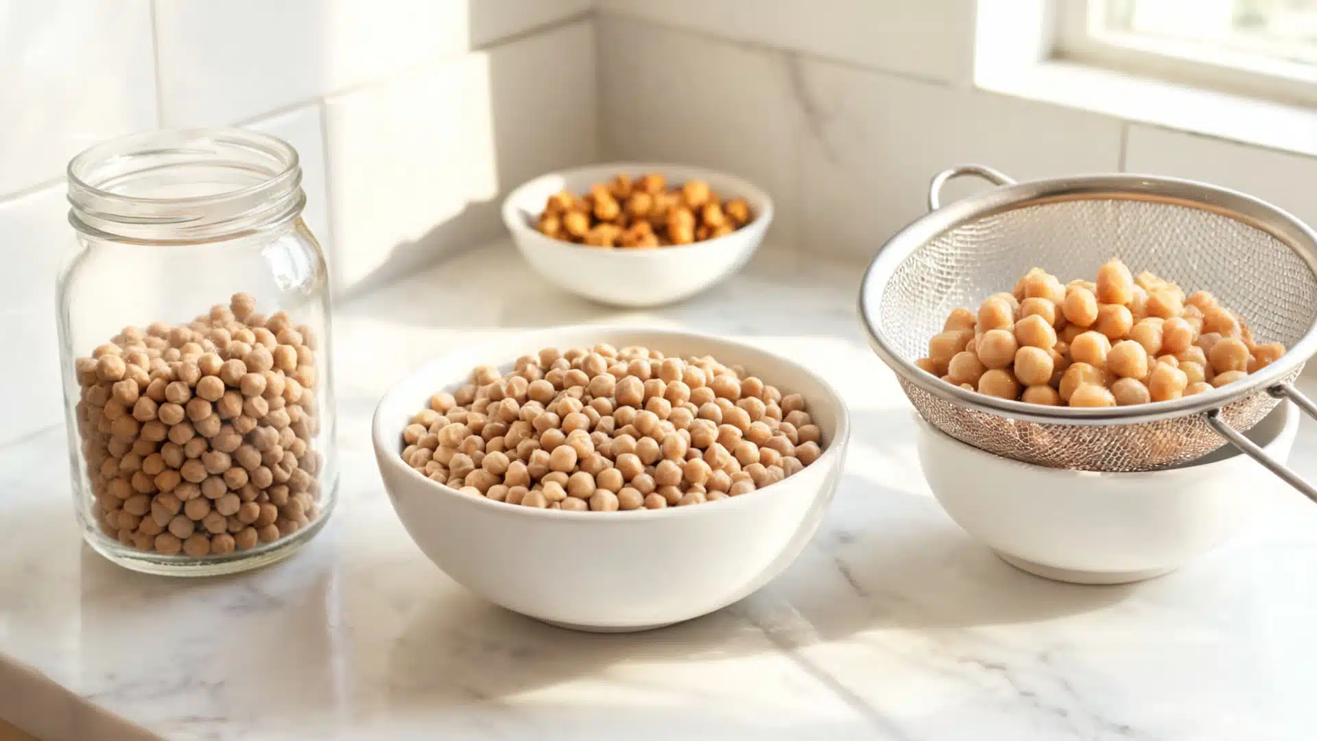 a kitchen counter with dry chickpeas in a jar, soaked chickpeas in a bowl, and rinsed chickpeas in a strainer