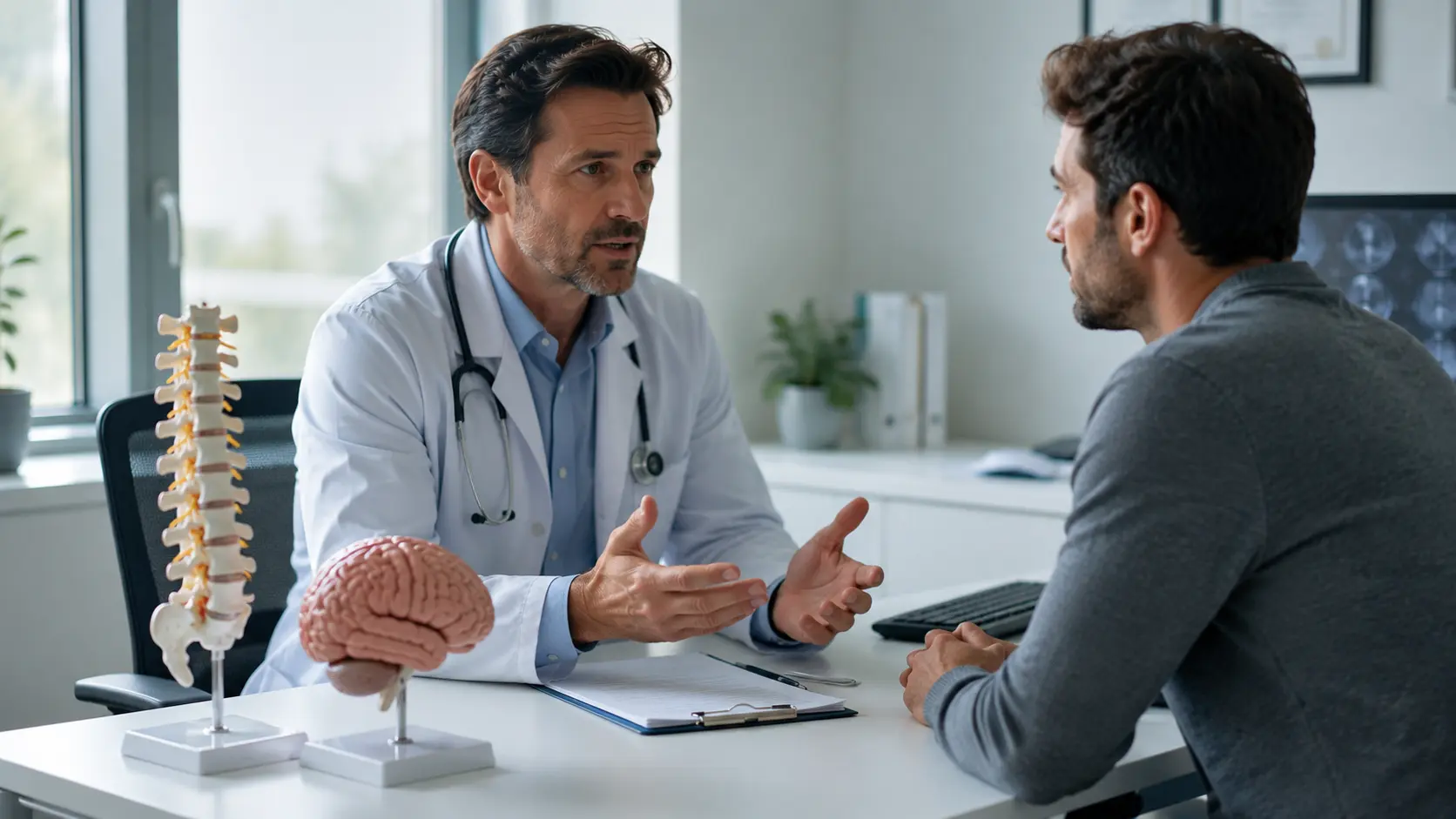 a neurologist speaking with a patient in a calm clinic room