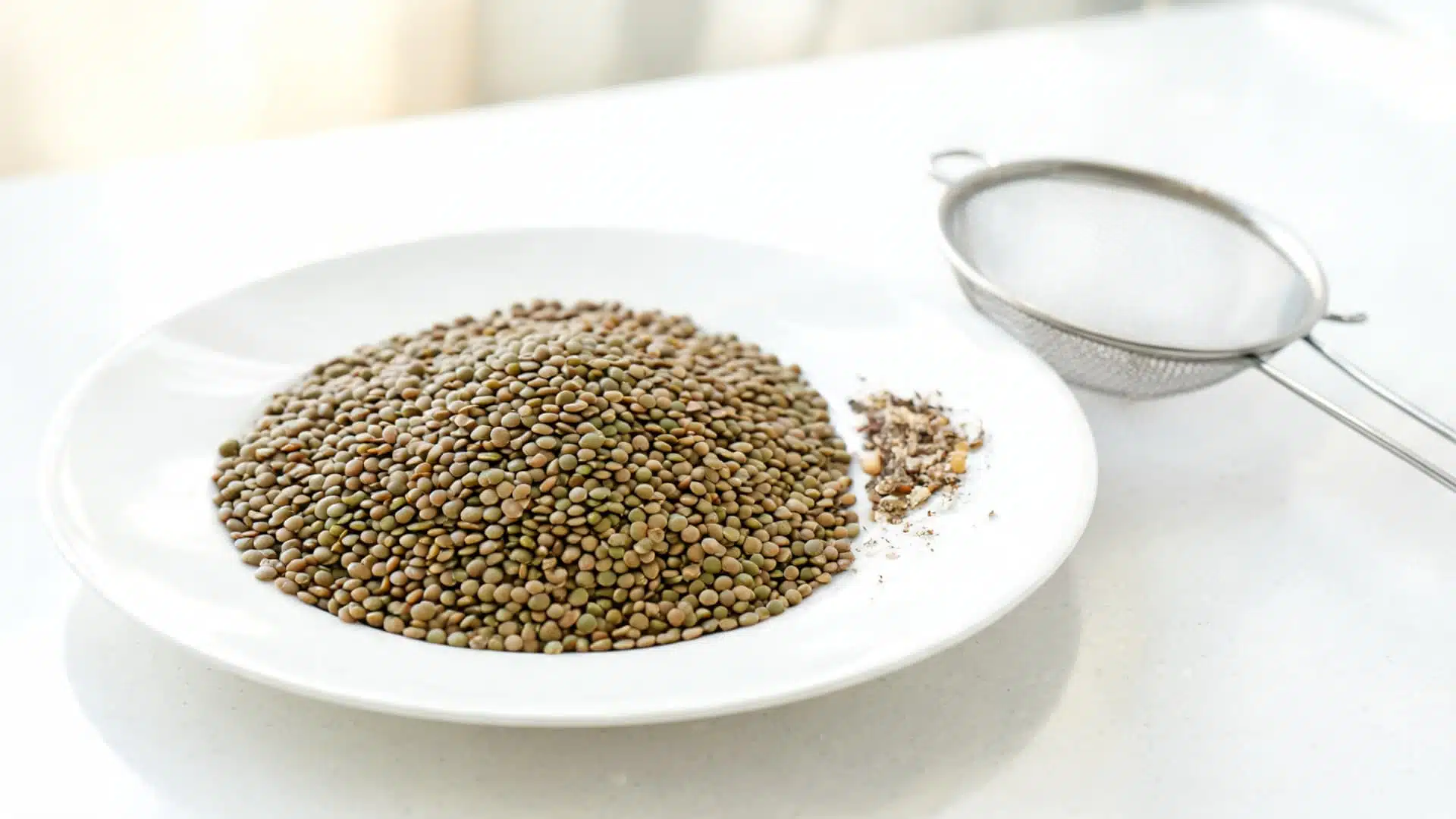 a plate of dry lentils with sorted debris and a mesh strainer on a bright white kitchen counter