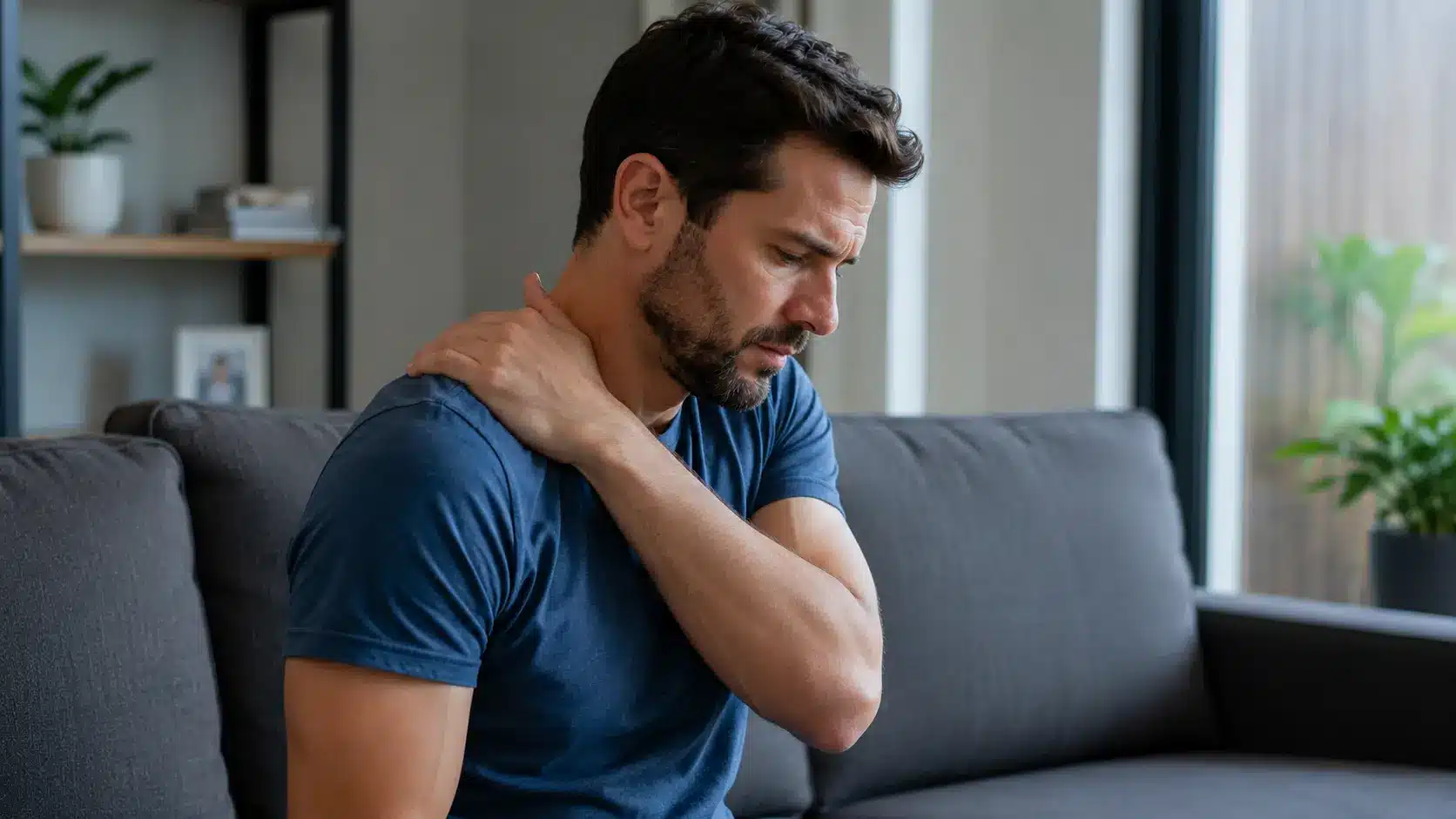 a stressed adult sitting on a sofa with tense shoulders