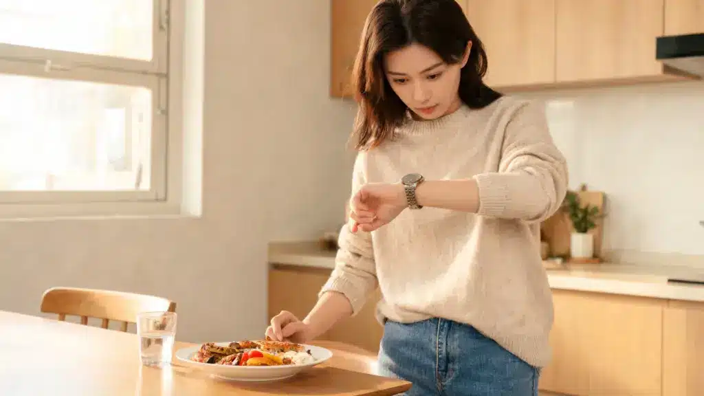 a woman in a kitchen checking her wristwatch while preparing or serving a plate of food on a wooden table with a glass of water beside it
