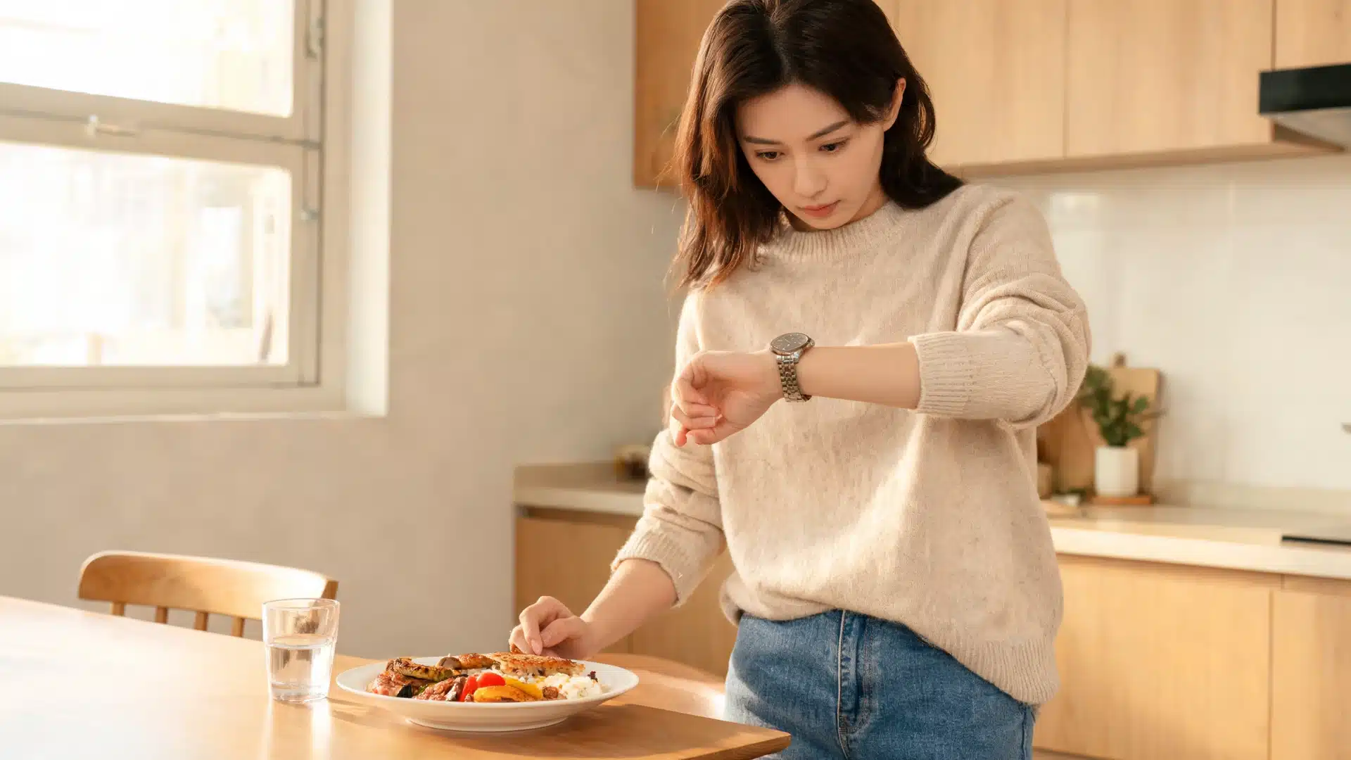 a woman in a kitchen checking her wristwatch while preparing or serving a plate of food on a wooden table with a glass of water beside it