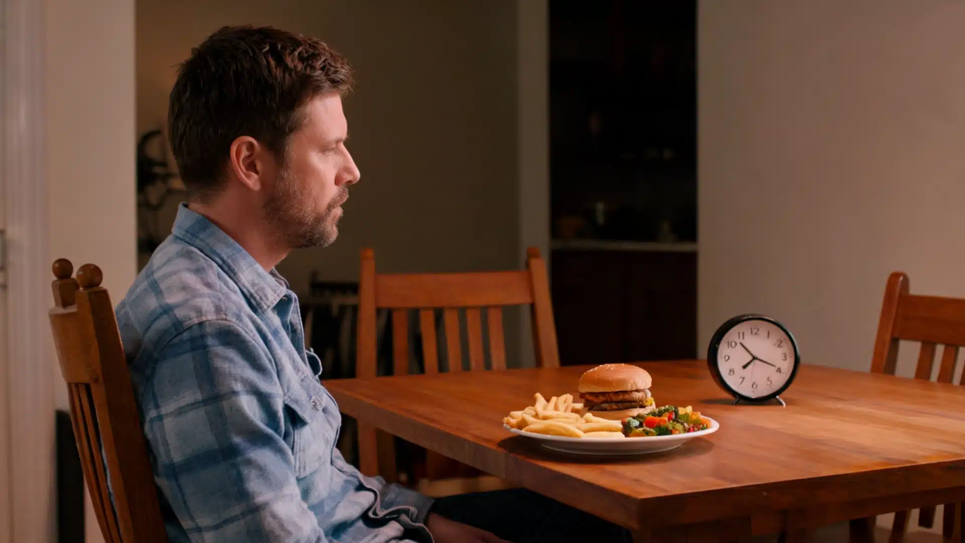 a young man sitting on a desk in a casual pose with a plate of burger and fries and a clock in front, looking thoughtful in a minimal room
