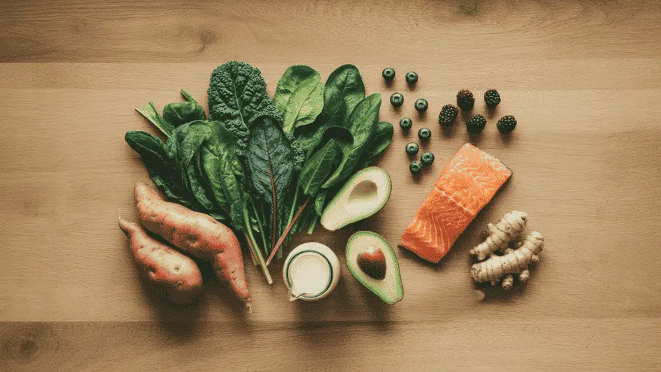 aip diet chart foods including salmon, sweet potatoes, leafy greens, avocado, berries and ginger