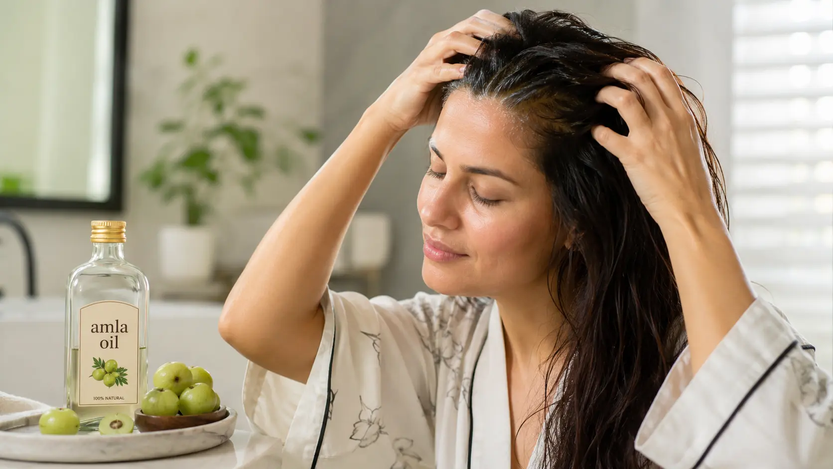 amla oil benefits for hair healthy scalp massage with amla oil bottle and amla fruit