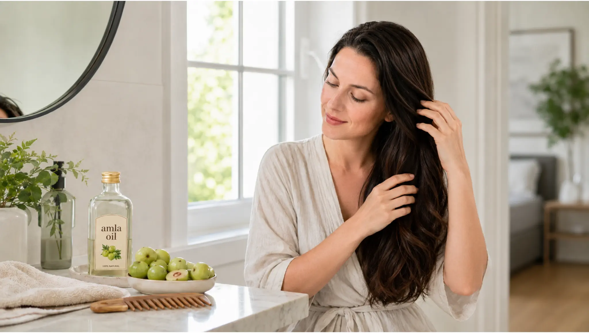 amla oil bottle with amla fruit and healthy hair care setup