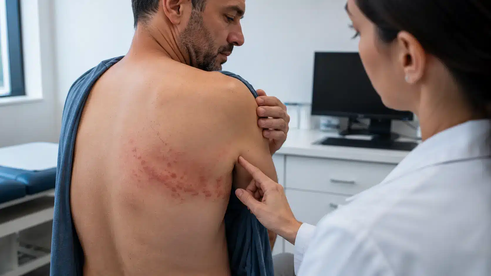 an adult showing one side of the upper back to a doctor