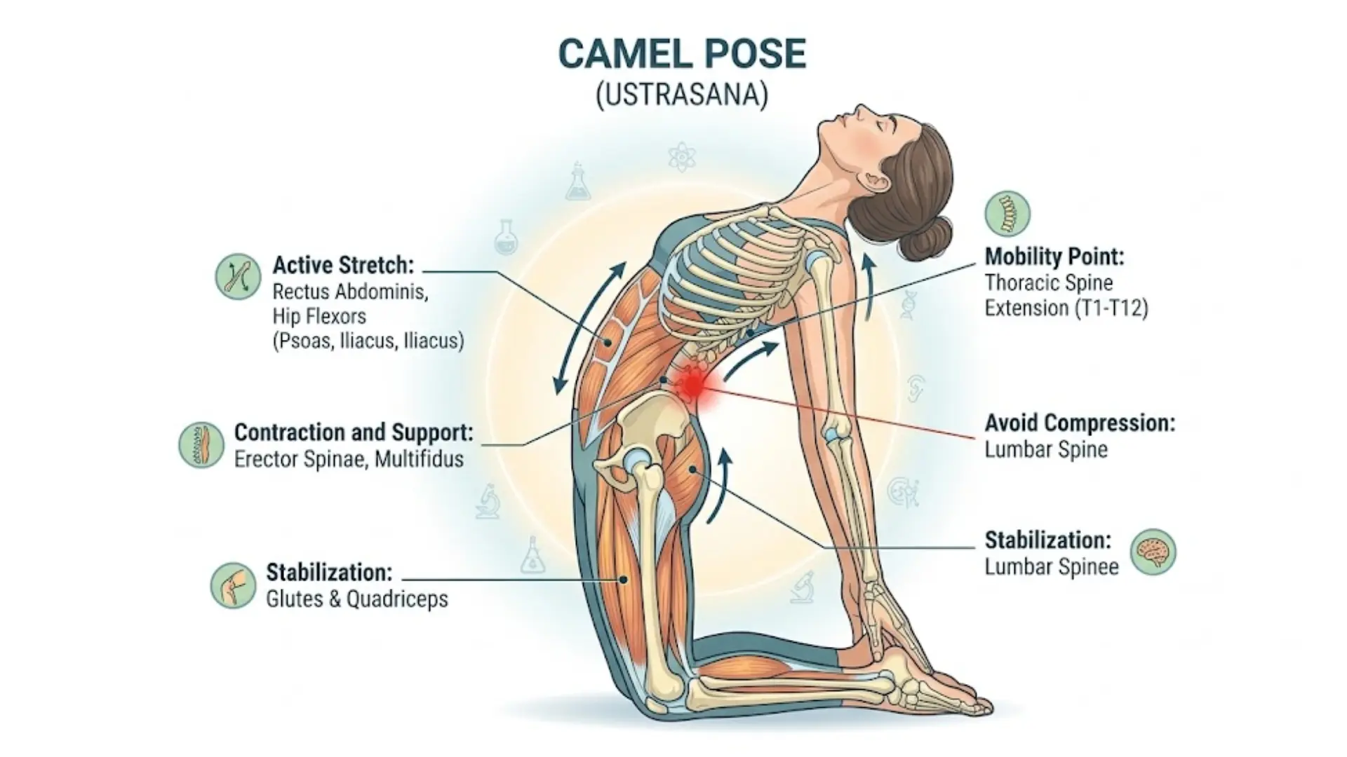 an infographic image target muscle activation, thoracic spine extension, and pelvic stabilization points