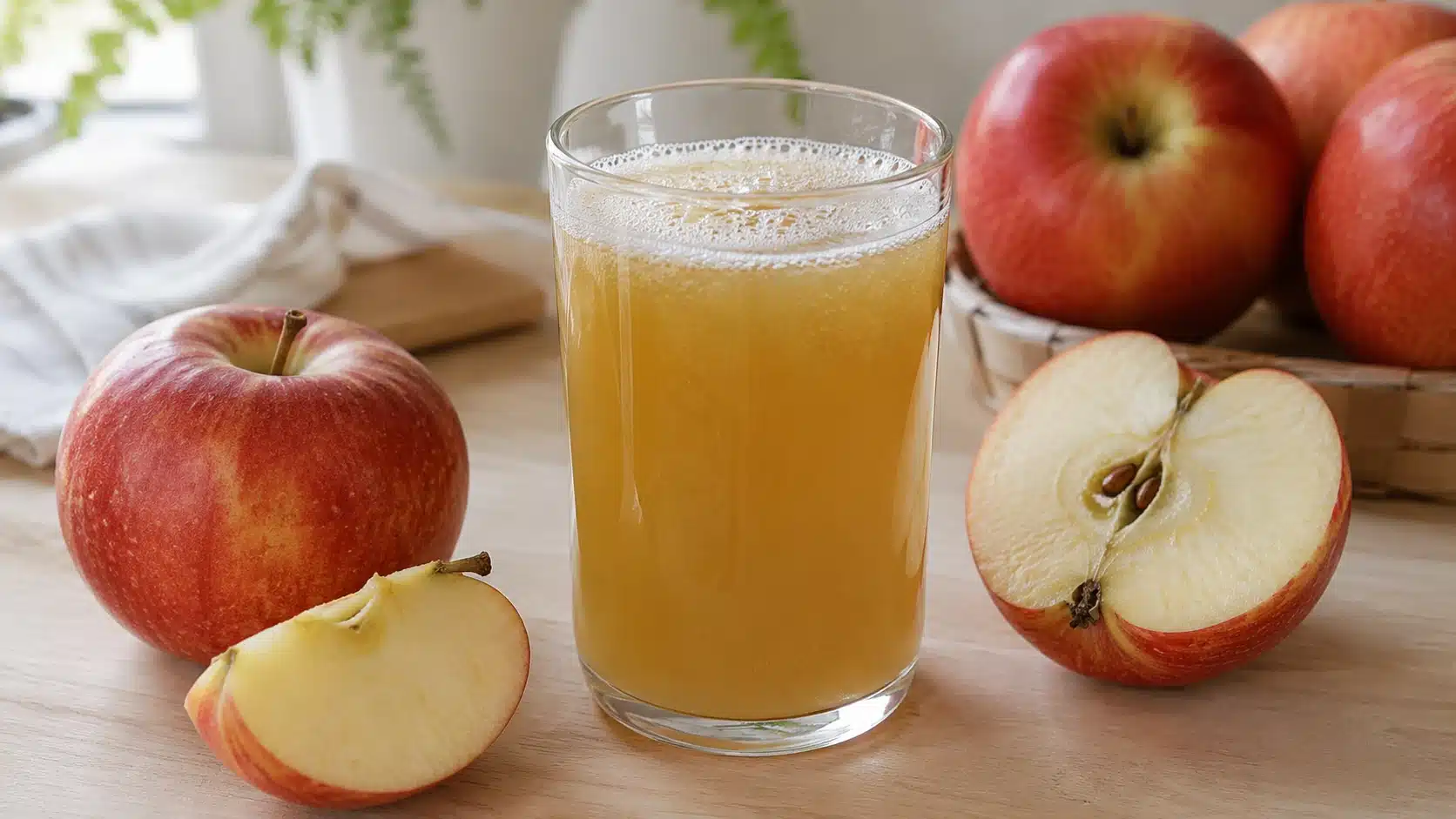 apple juice in a glass with fresh whole and sliced apples on a kitchen table for nutrition blog cover