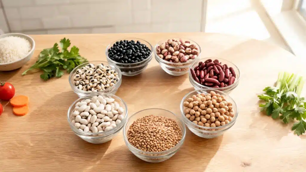 assorted beans in glass bowls with rice, parsley, tomatoes, carrots, and celery on a wooden counter (1)