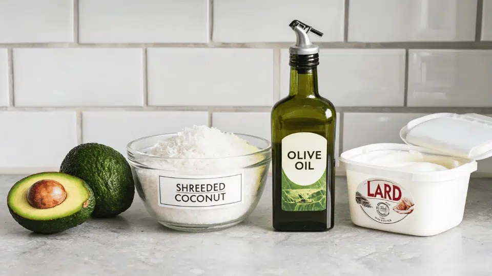 avocado, shredded coconut, olive oil, and lard arranged on a kitchen counter