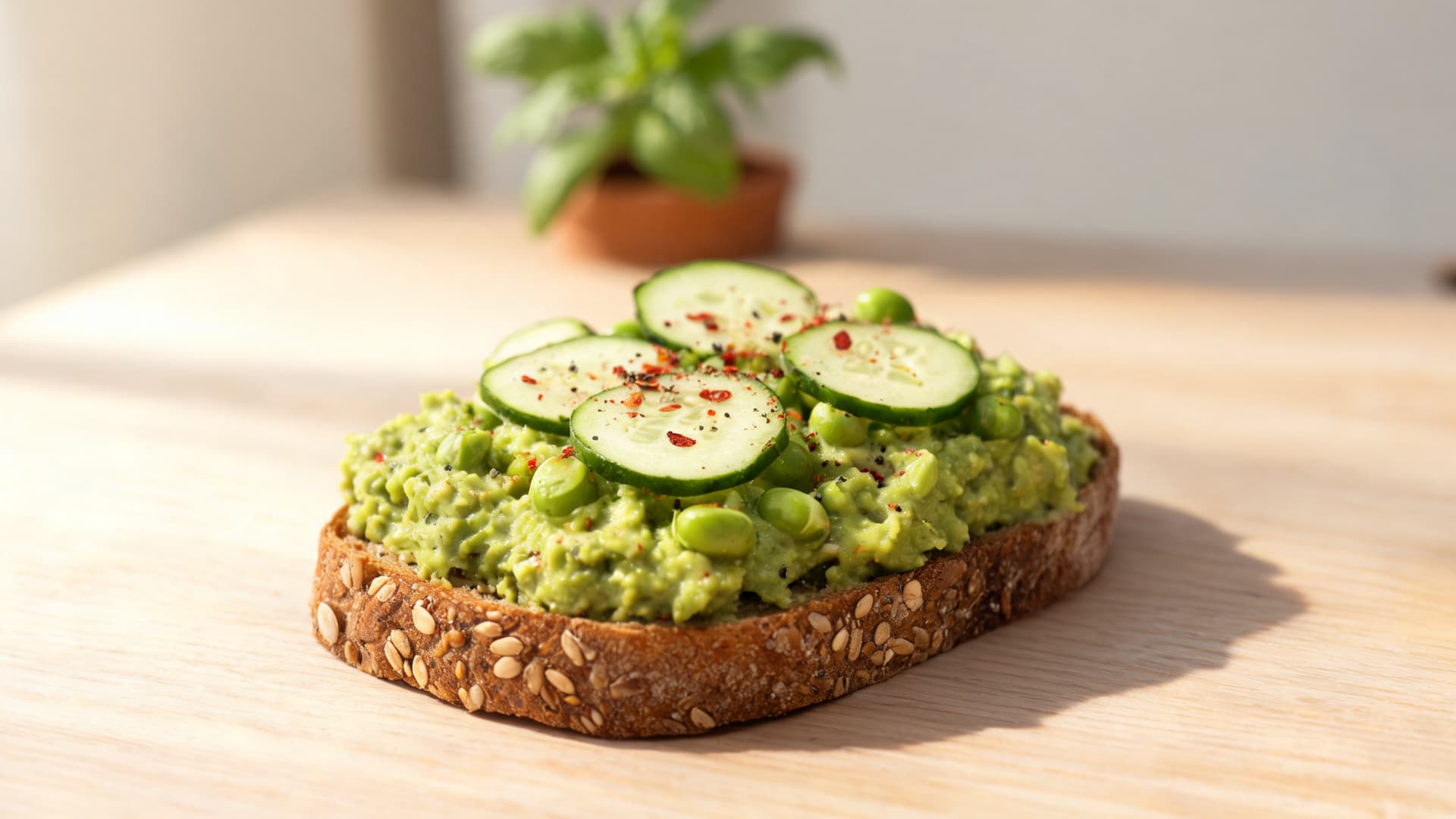 avocado toast topped with cucumber slices, edamame and chili flakes on seeded bread in warm sunlight (1)