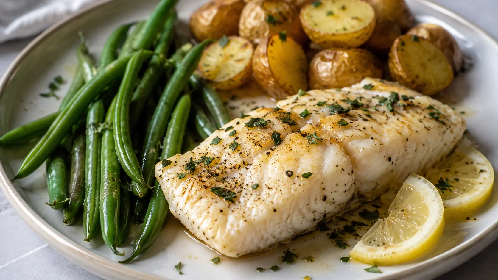 baked cod fillet on a plate with lemon, herbs, roasted baby potatoes, and green beans