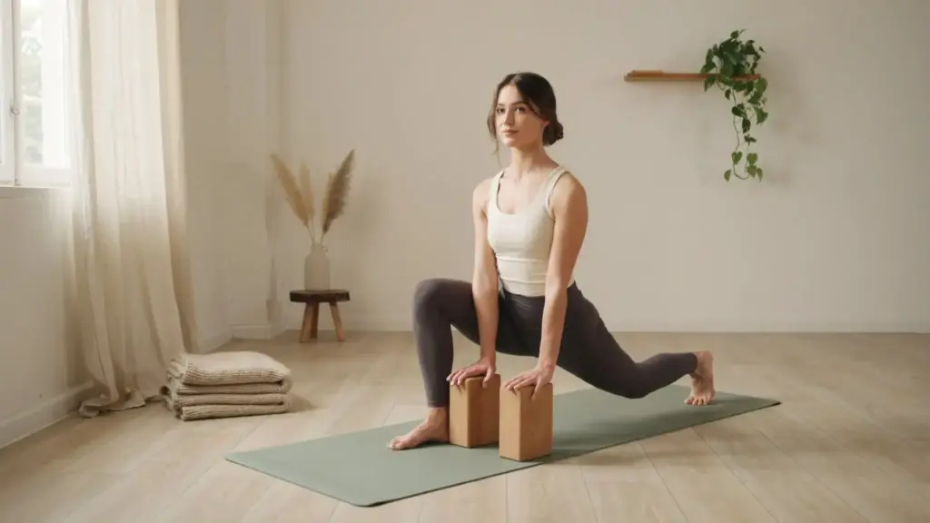 beginner practicing low lunge stretch with yoga blocks for hip mobility and safe form