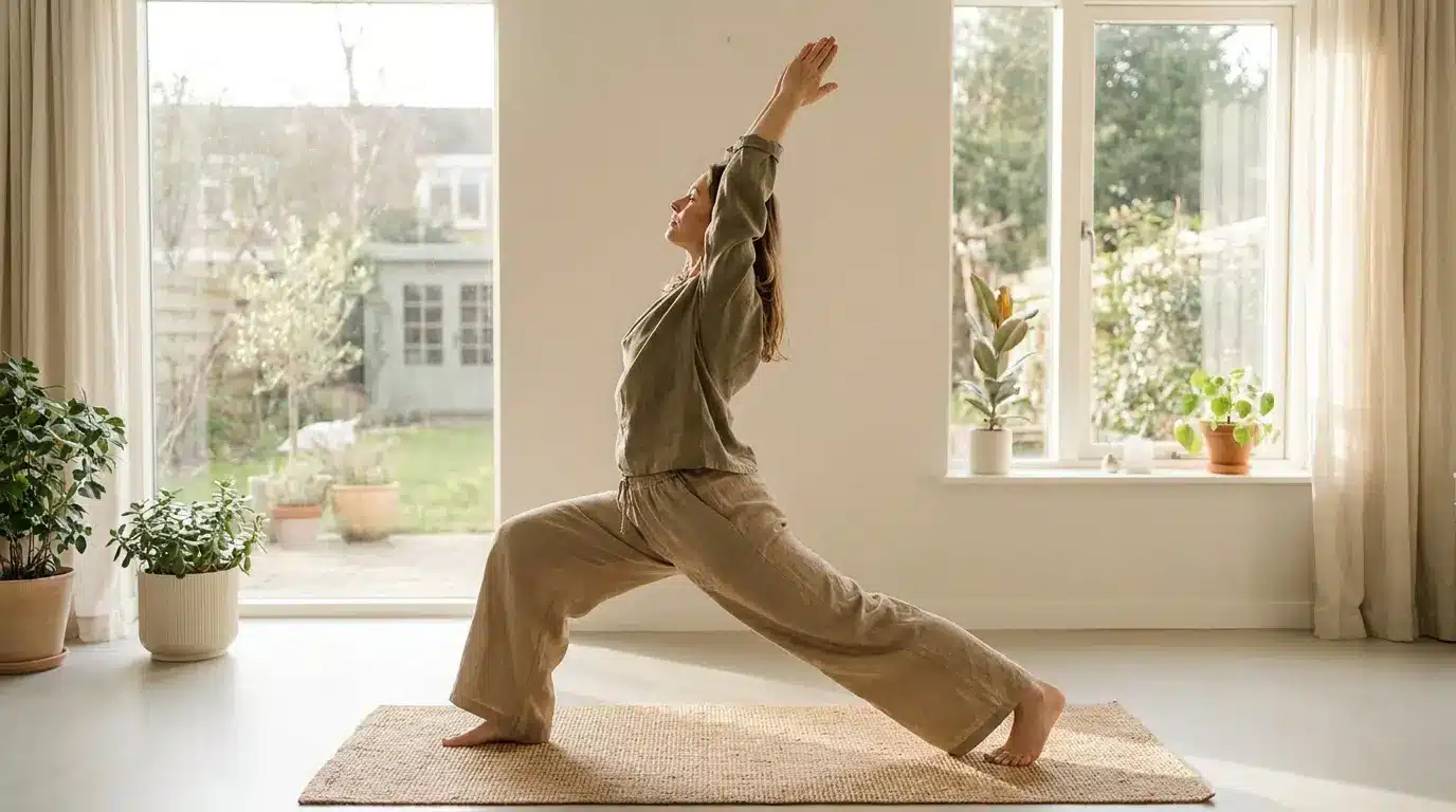 beginner practicing surya namaskar on a yoga mat in soft morning light with a calm wellness setting