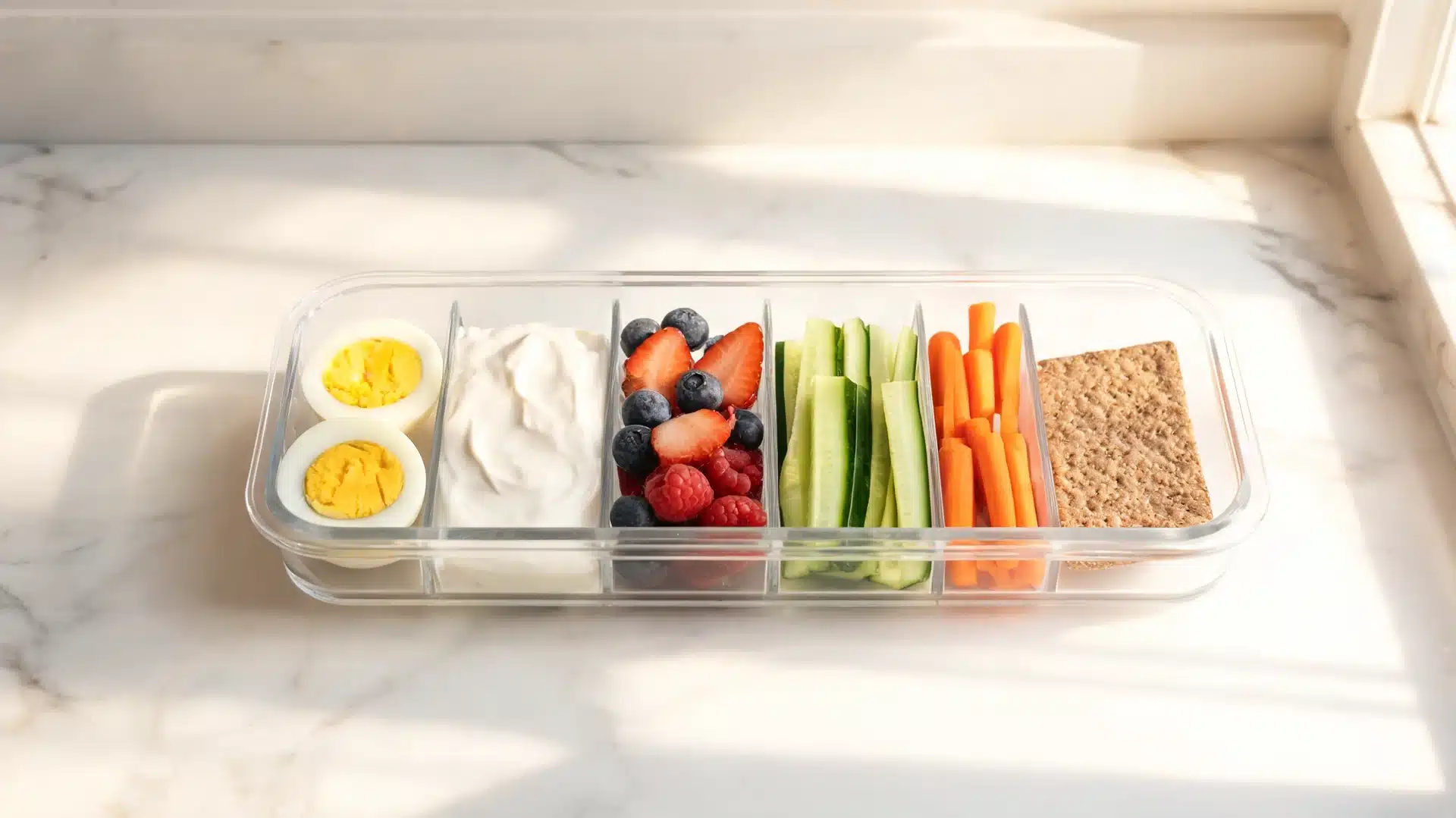 boiled egg protein box with greek yogurt, berries, cucumber, carrots, and whole-grain crispbread