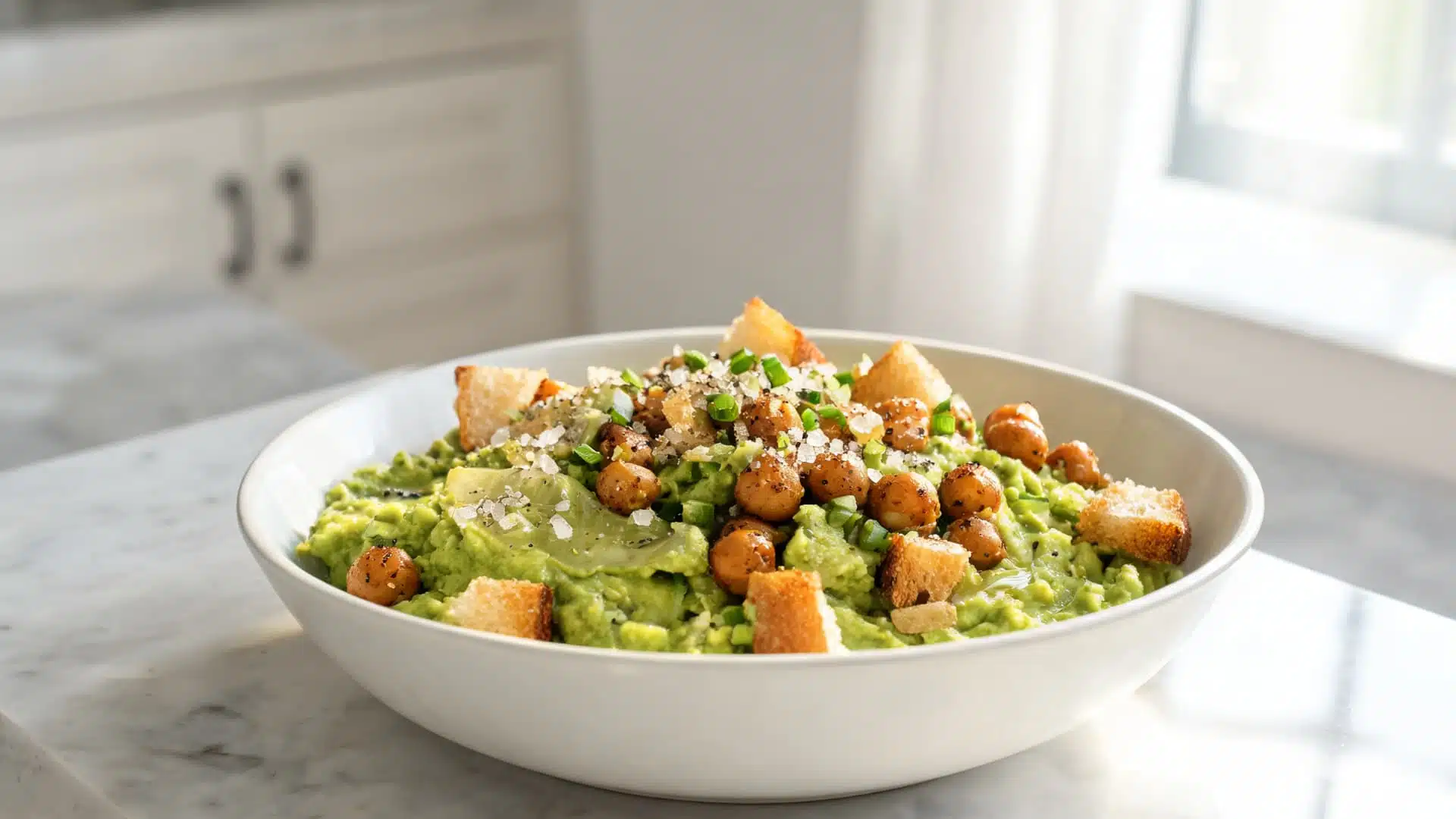 bowl of creamy avocado mash topped with chickpeas croutons and herbs on marble countertop natural light