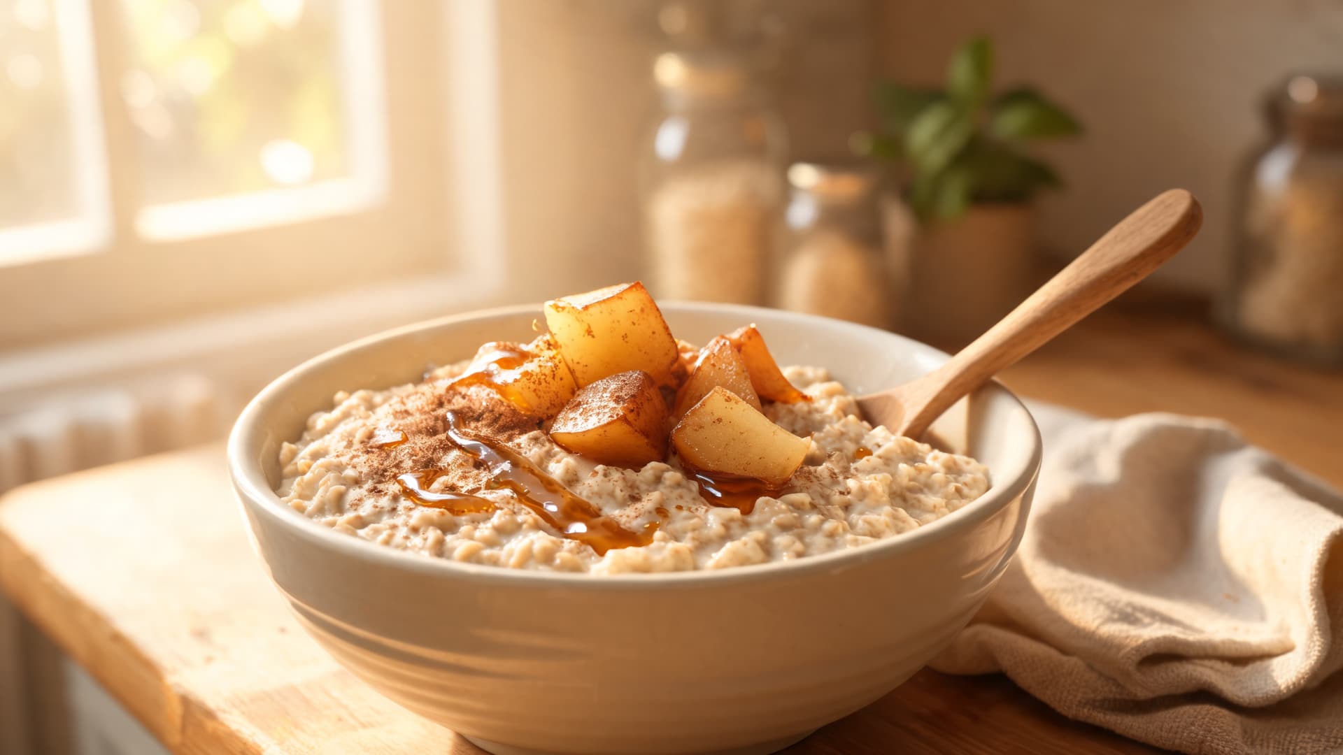 bowl of creamy oatmeal topped with caramelized apple pieces and honey drizzle in warm morning light on wooden table