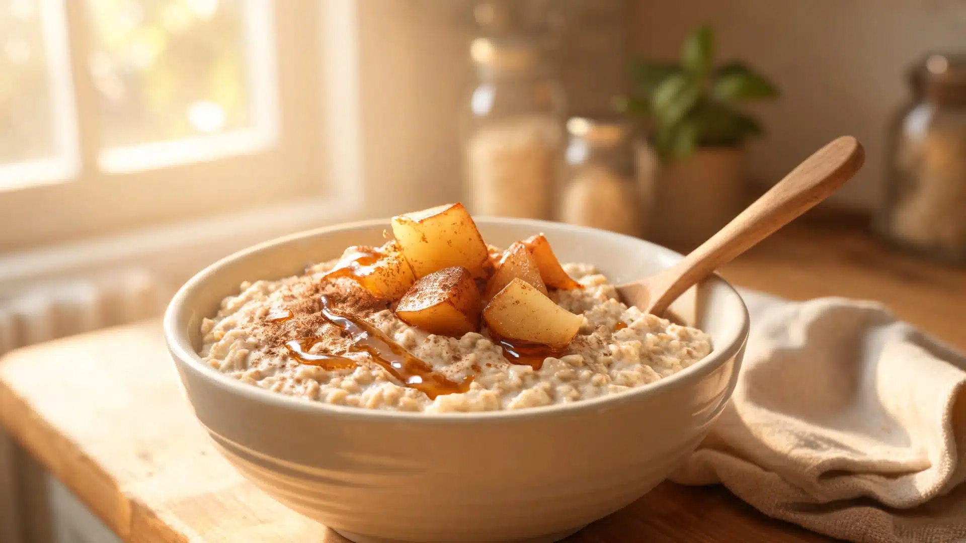 bowl of creamy oatmeal topped with caramelized apple pieces and honey drizzle in warm morning light on wooden table