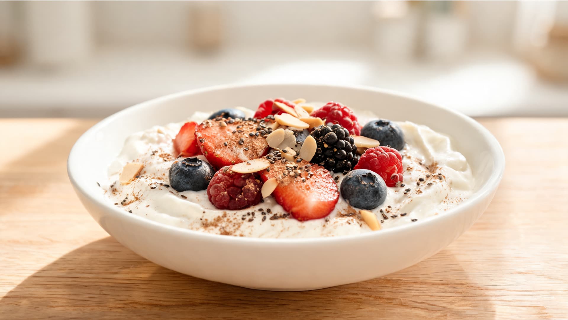 bowl of creamy yogurt topped with strawberries, blueberries, raspberries, almonds and chia seeds on a wooden table