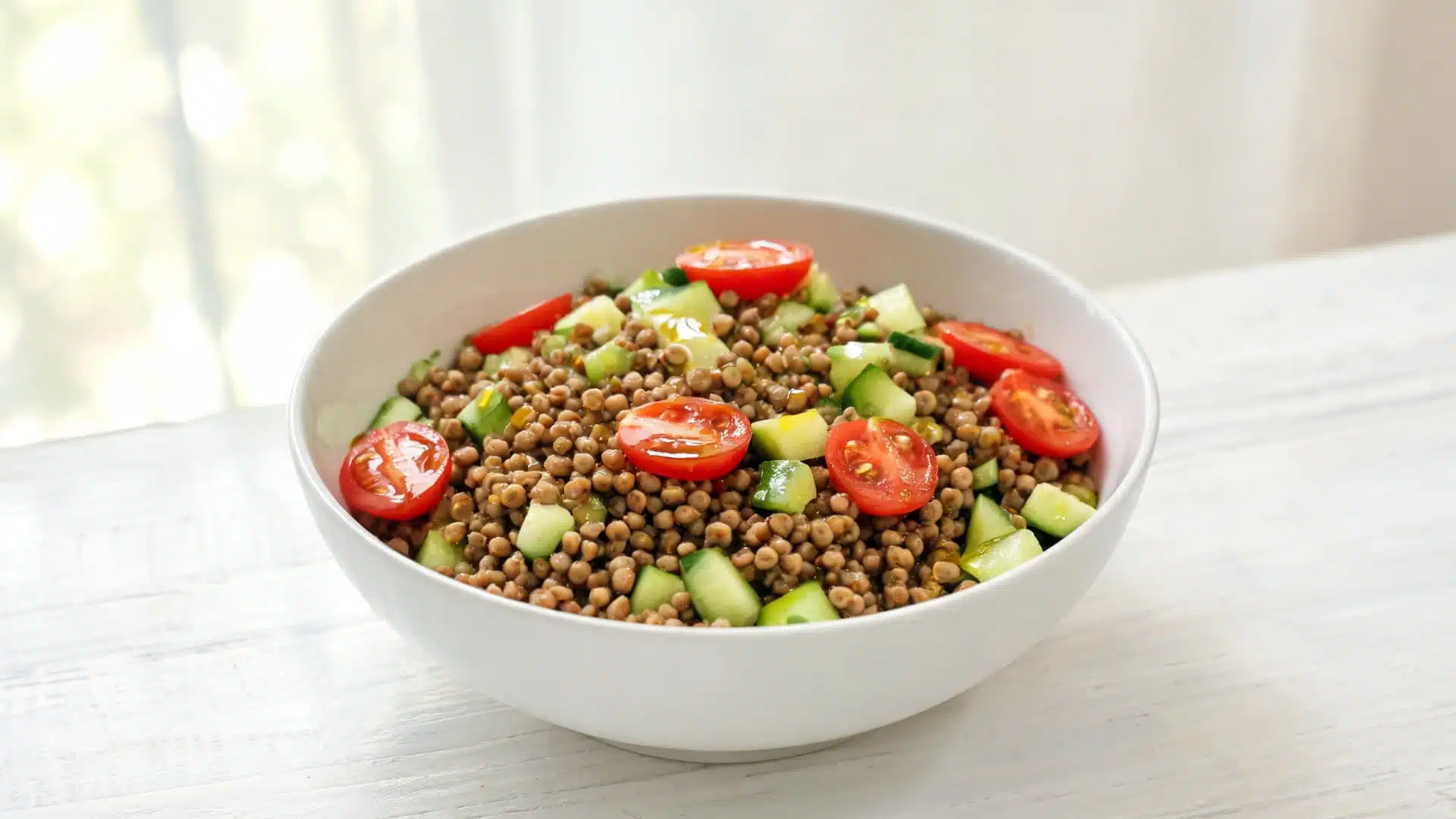 bowl of lentil salad with diced cucumber and cherry tomatoes in white bowl on light wooden table