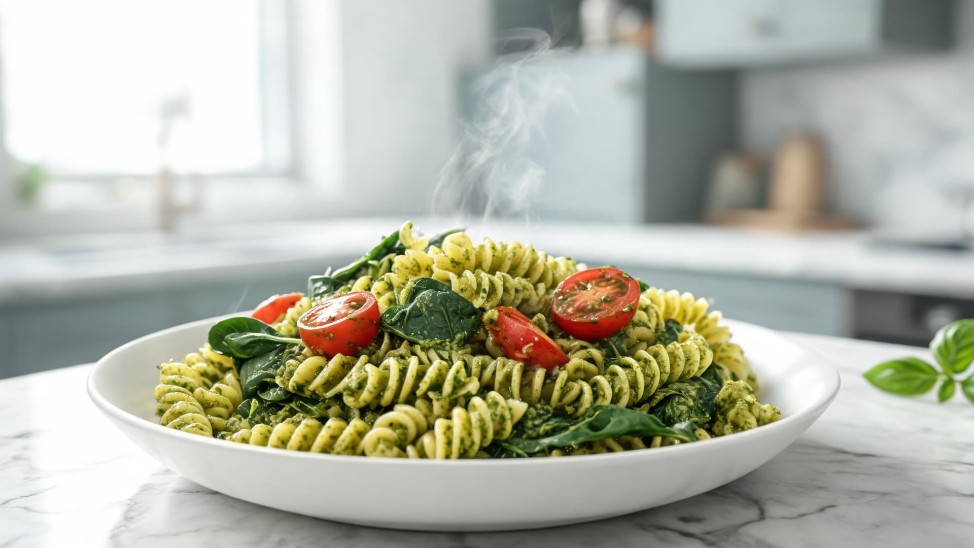 bowl of pesto fusilli pasta with fresh spinach and cherry tomatoes on marble kitchen counter with steam rising (1)