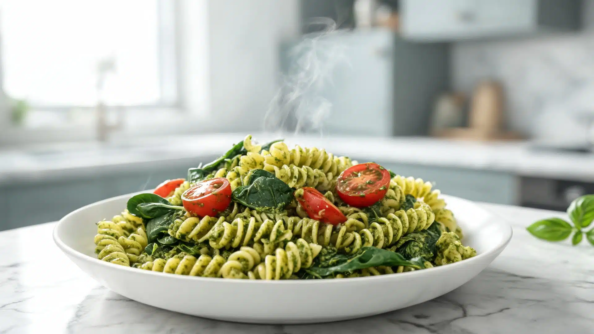 bowl of pesto fusilli pasta with fresh spinach and cherry tomatoes on marble kitchen counter with steam rising (1)
