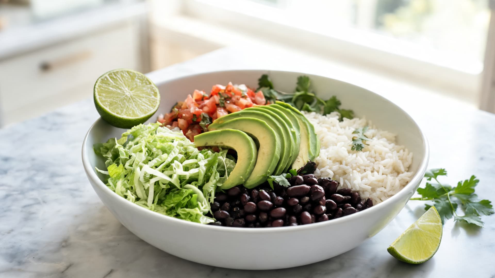 bowl of rice topped with beans cucumber tomato salsa and lime served on marble surface in soft natural light