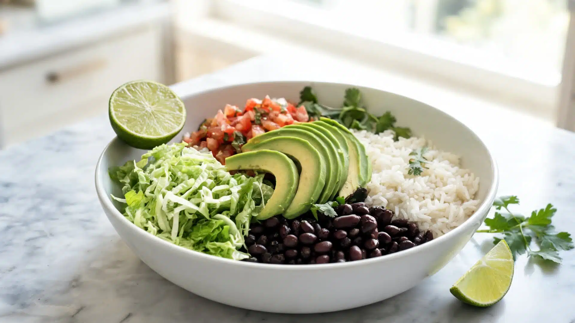 bowl of rice topped with beans cucumber tomato salsa and lime served on marble surface in soft natural light