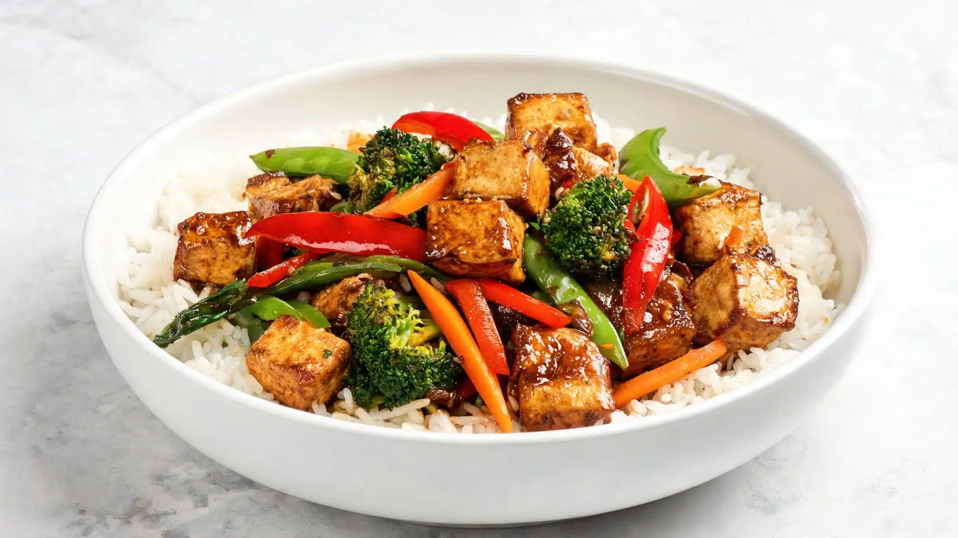 bowl of rice topped with glazed tofu broccoli and bell peppers in savory sauce on marble countertop bright natural light