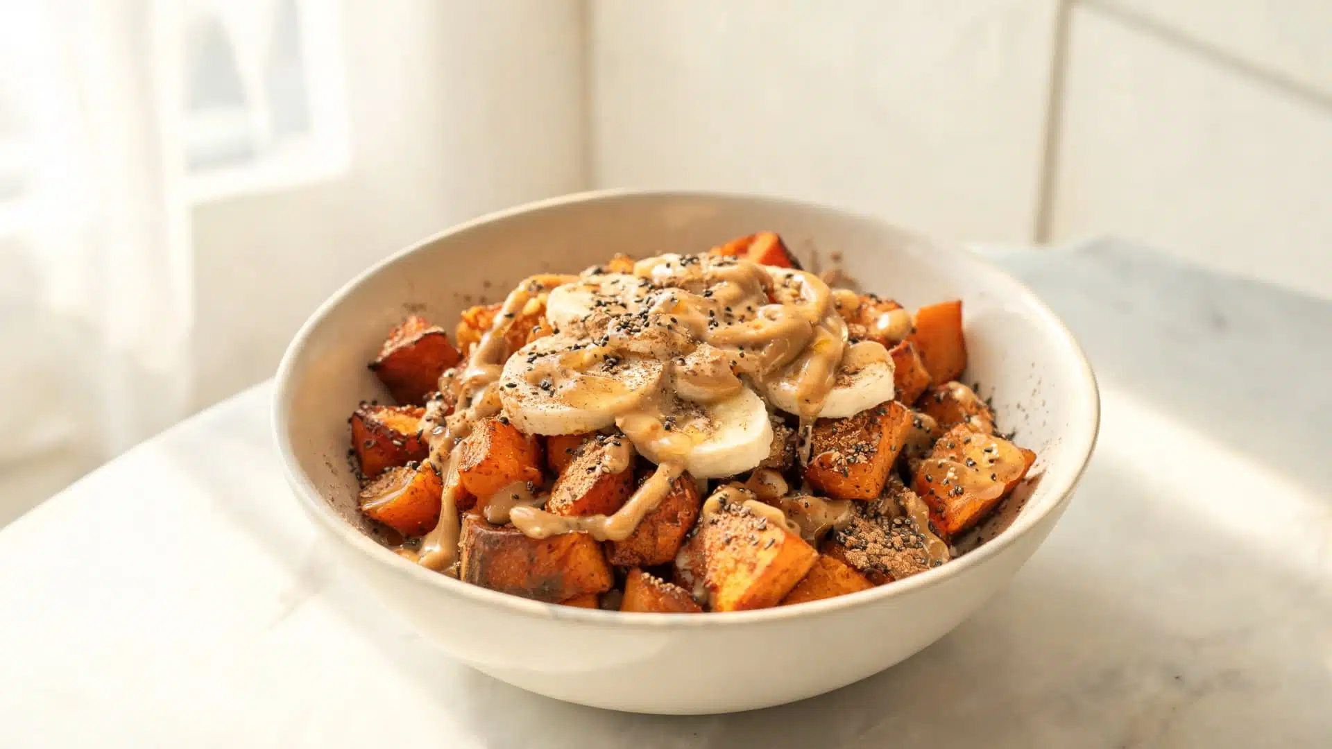 bowl of roasted sweet potatoes topped with banana slices and peanut butter drizzle in soft natural light on marble surface