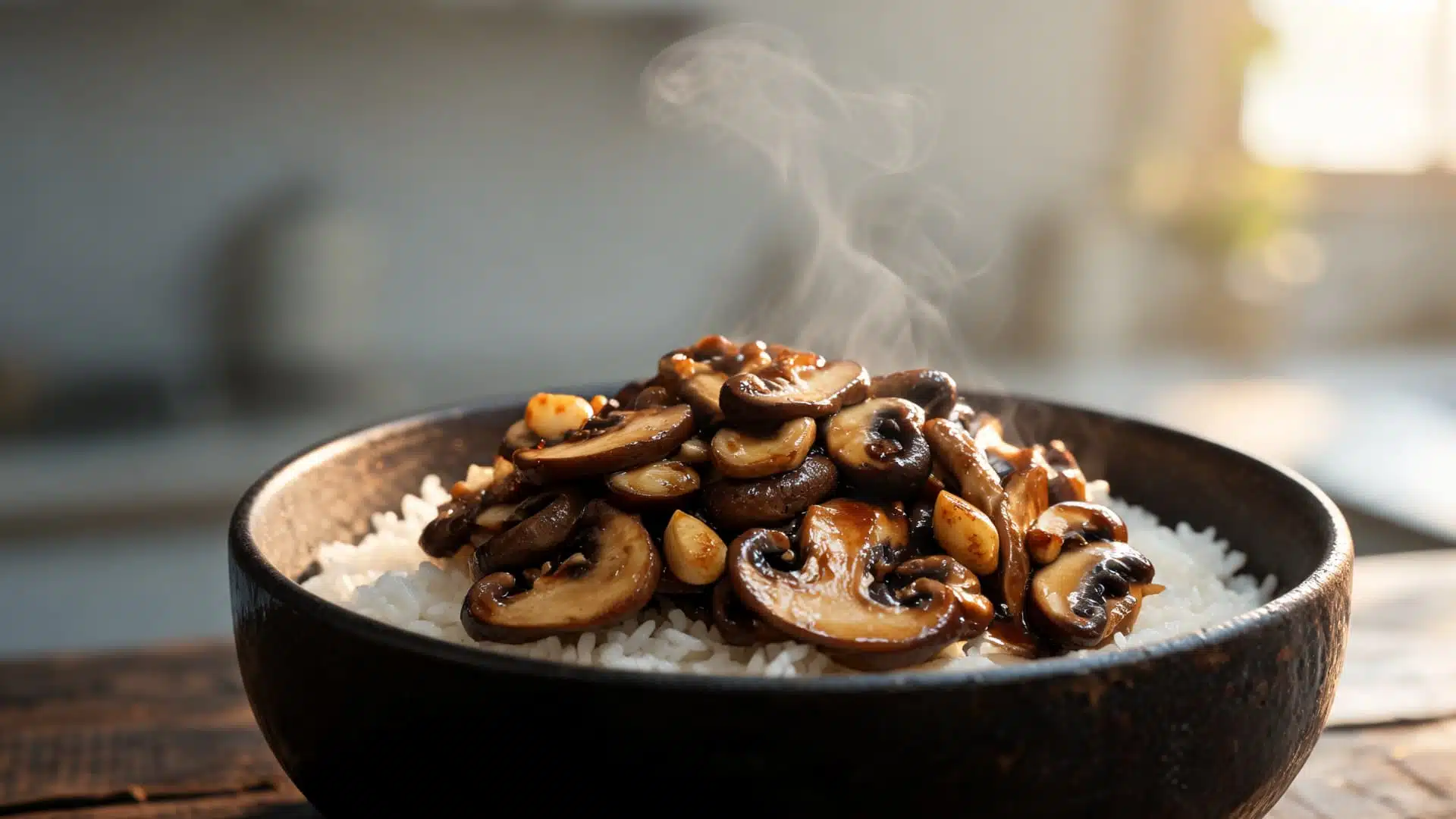 bowl of white rice topped with sautéed mushrooms garlic and glossy sauce with steam rising in warm natural kitchen light on rustic wooden table