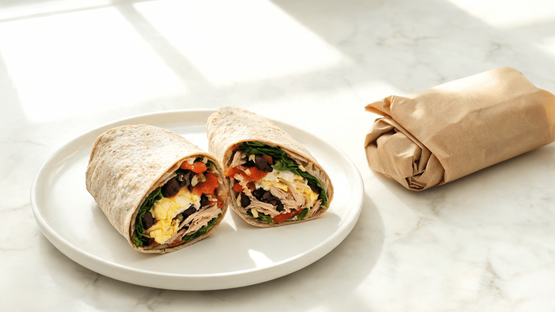 breakfast wrap with eggs, beans, greens and shredded chicken beside a wrapped takeaway burrito on marble countertop