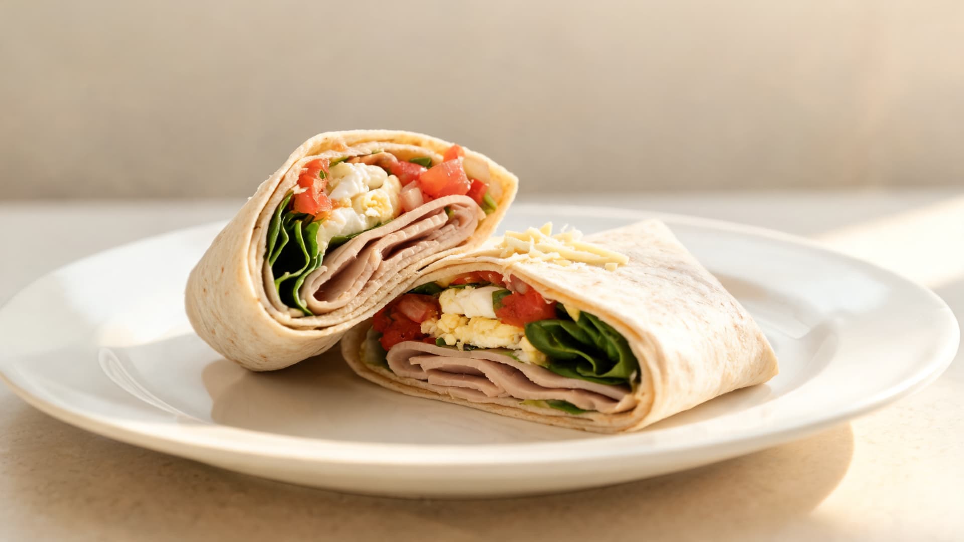 breakfast wrap with turkey, egg, spinach, tomato and cheese served on a white plate