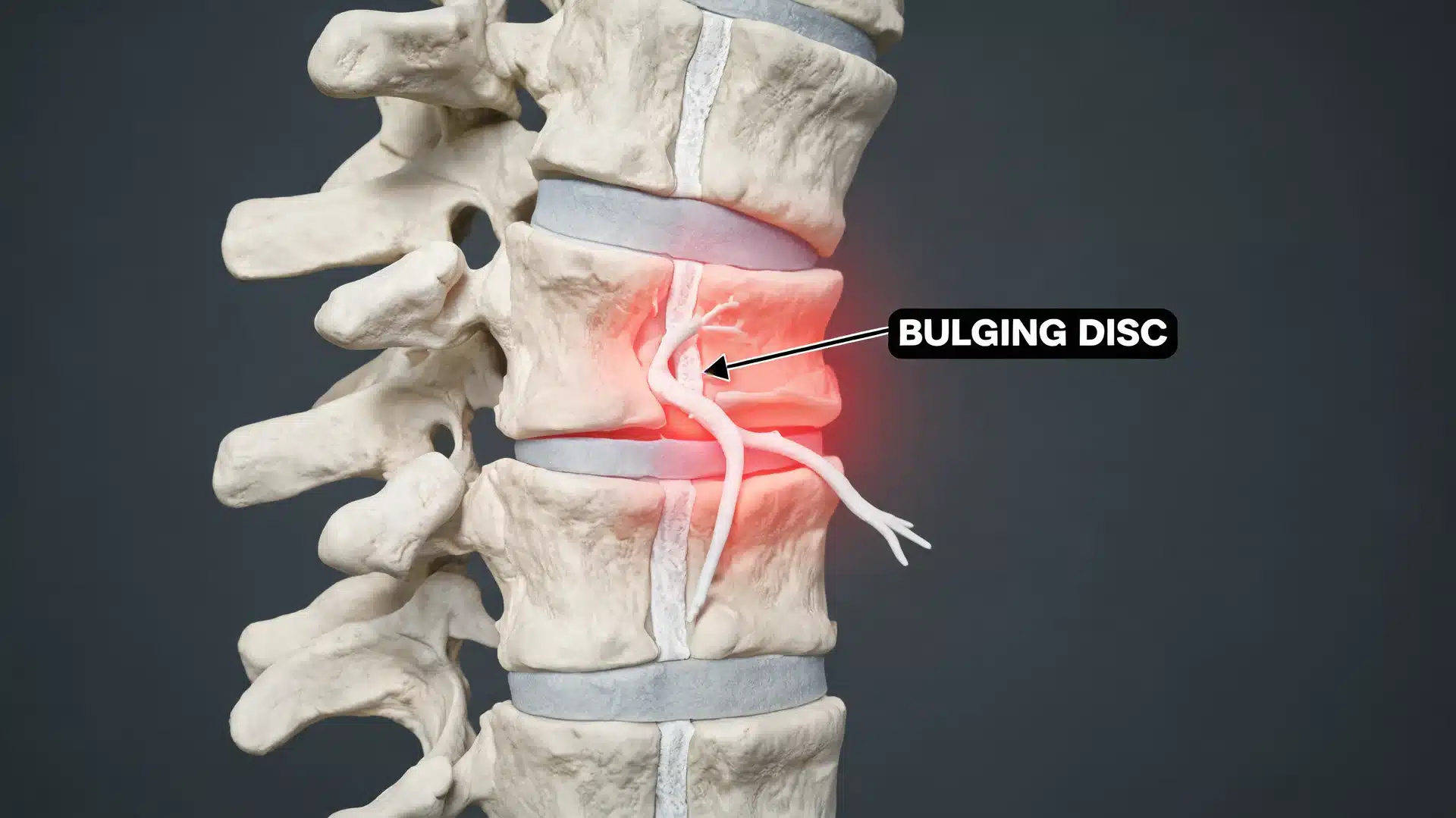 bulging disc spine model showing red nerve pain between lumbar vertebrae on a dark background