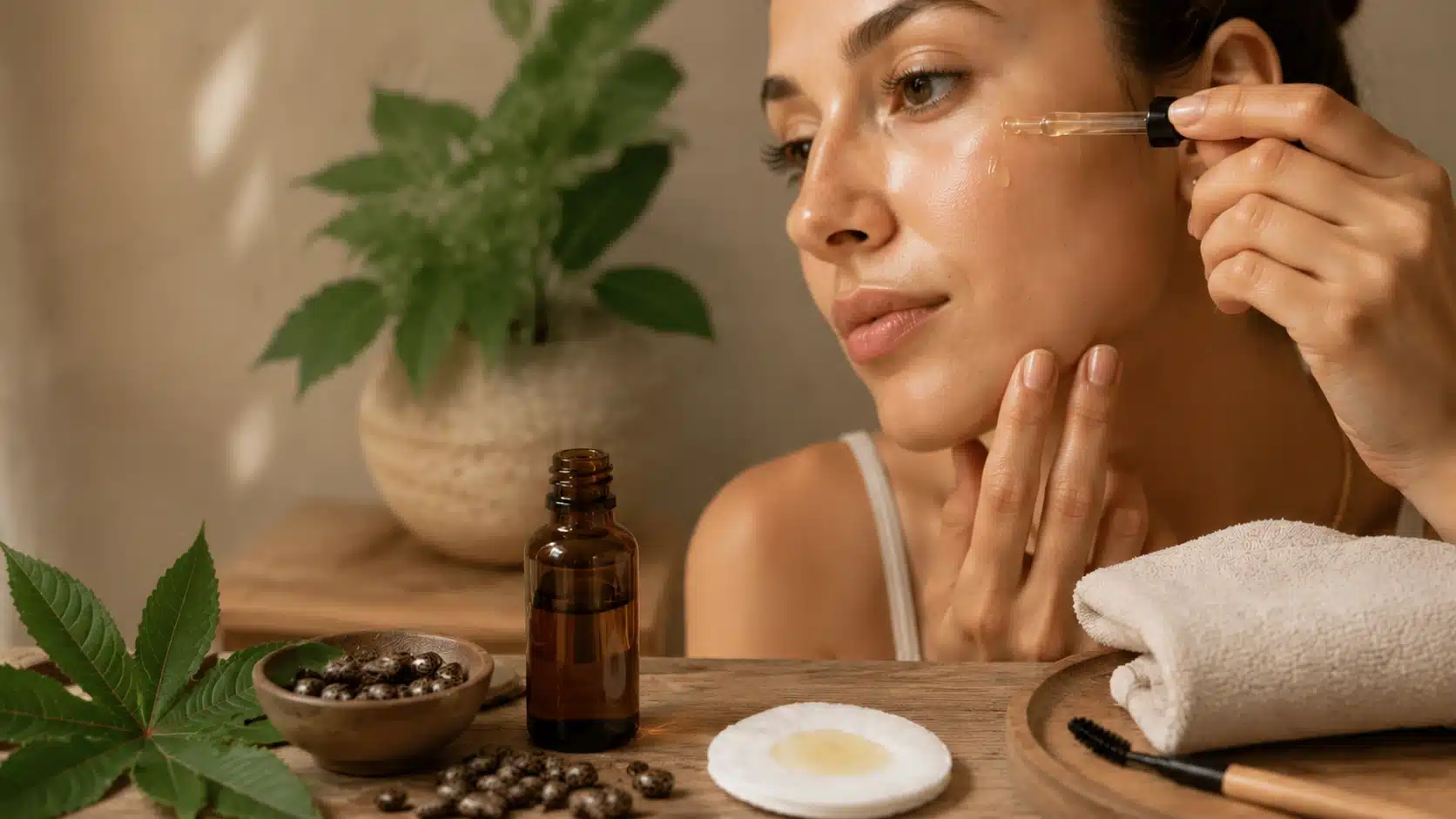 woman applying castor oil on face gently