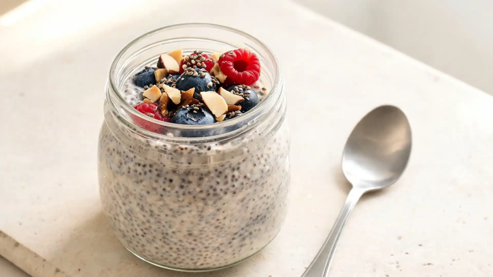 chia overnight oats topped with blueberries raspberries chopped nuts and seeds beside a spoon