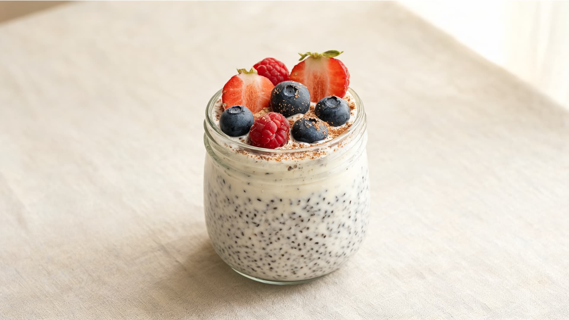 chia seed pudding in a glass jar topped with strawberries, blueberries and raspberries on a light table
