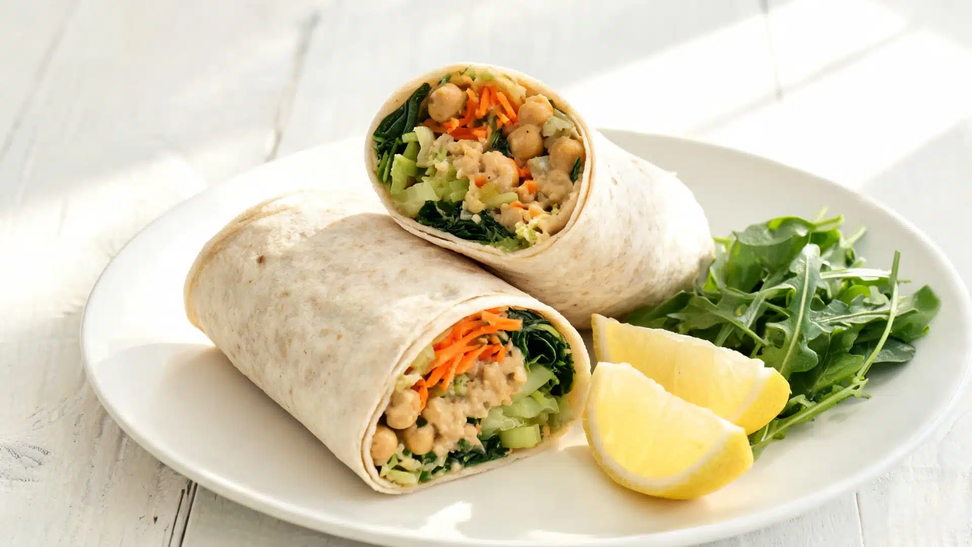 chickpea veggie wrap with carrots greens hummus arugula and lemon wedges on a white plate