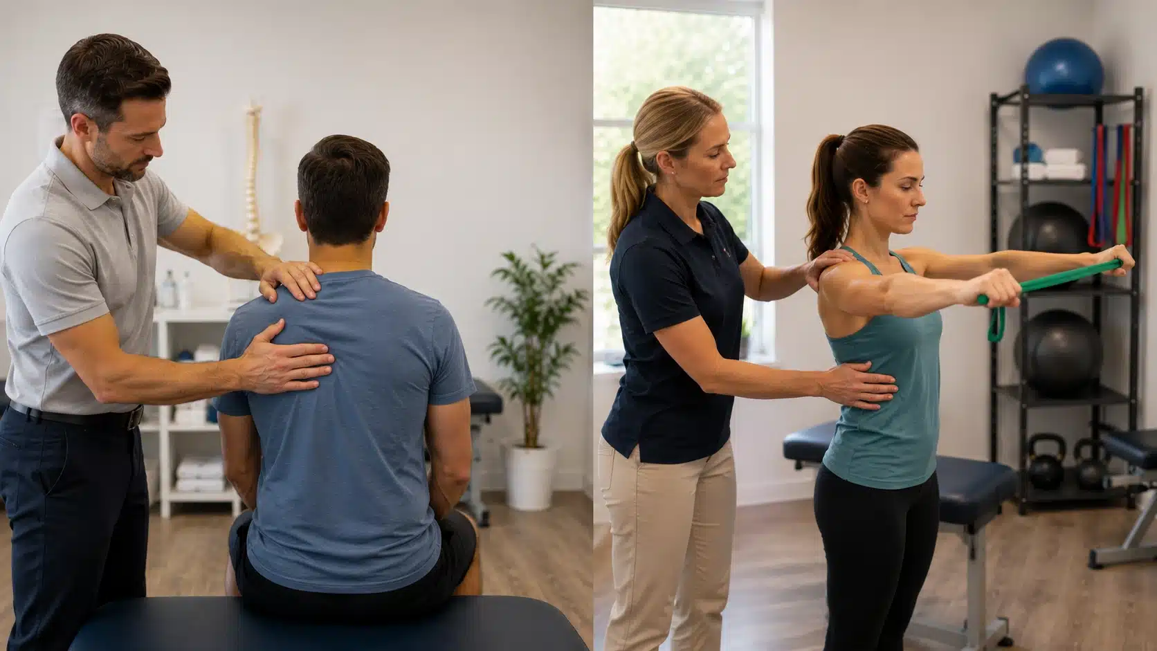 chiropractor checking joint mobility while physical therapist guides rehab exercise in a clinic setting