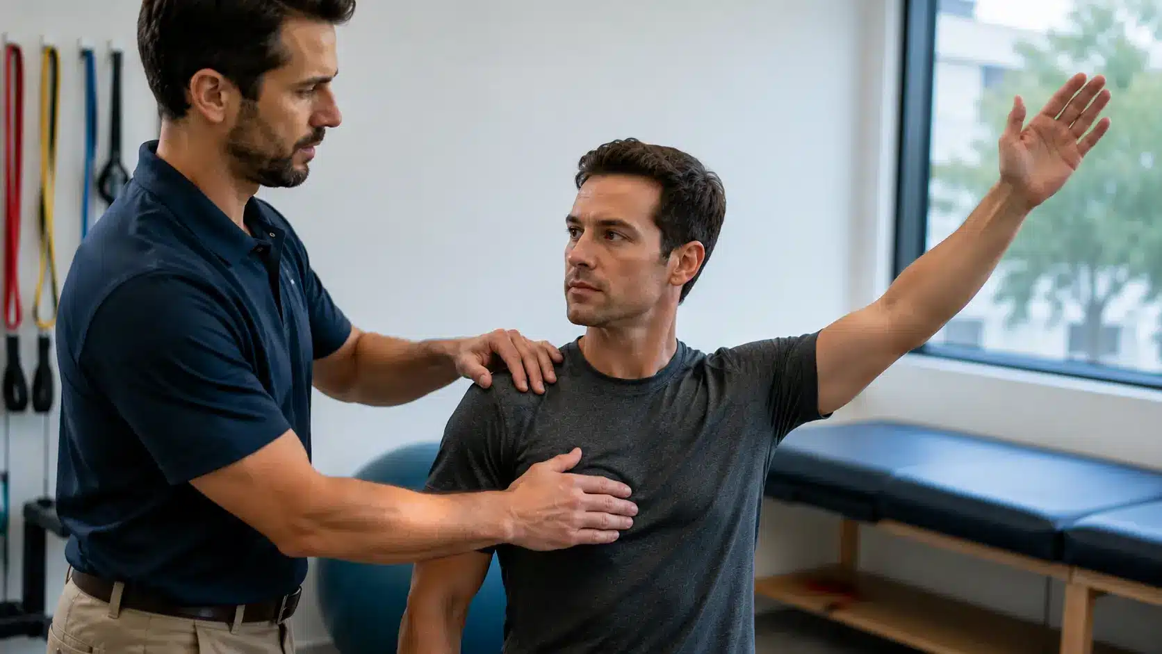 clinician checking shoulder arm and collarbone position