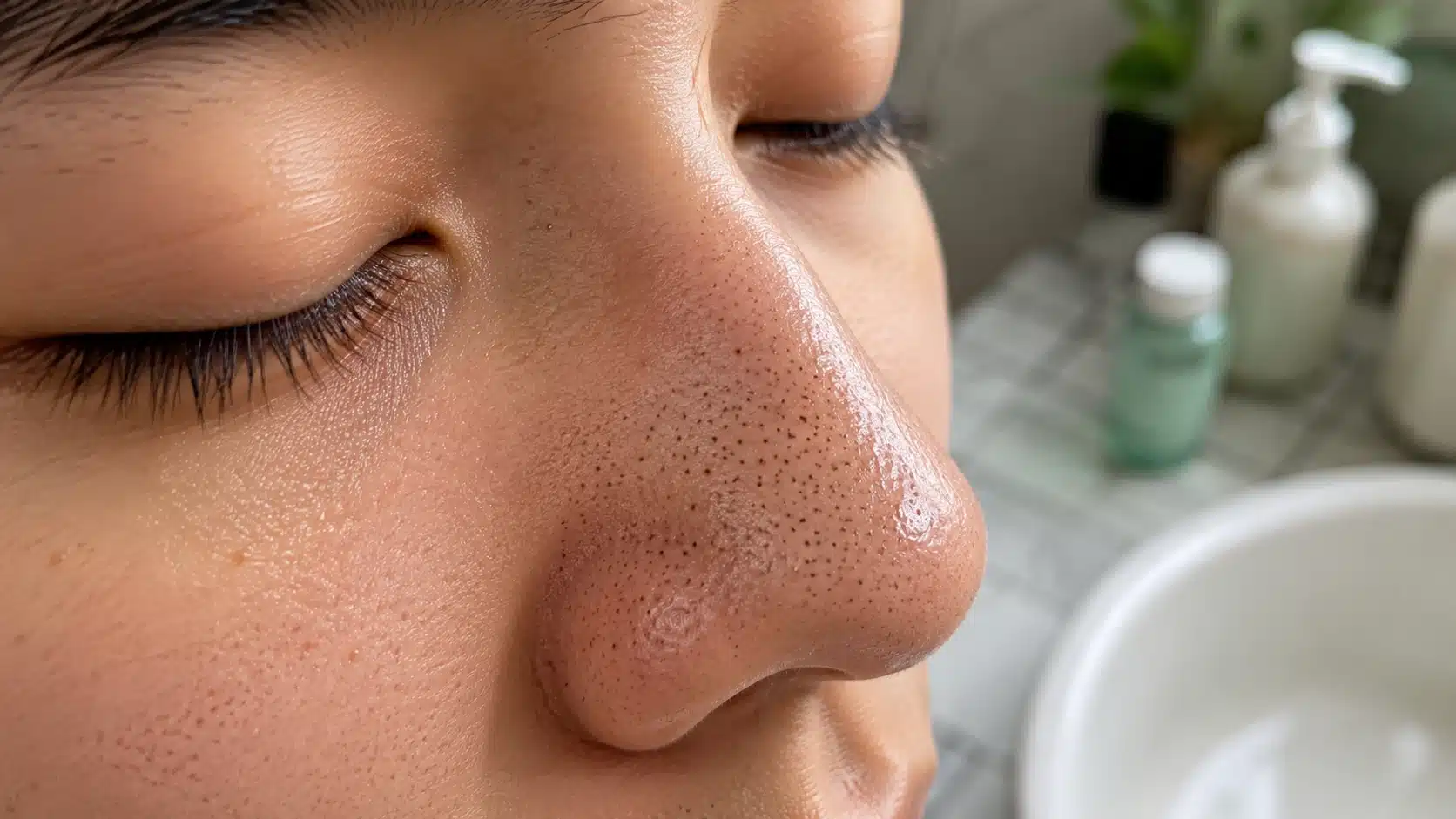 close-up nose with visible blackheads and natural skin texture