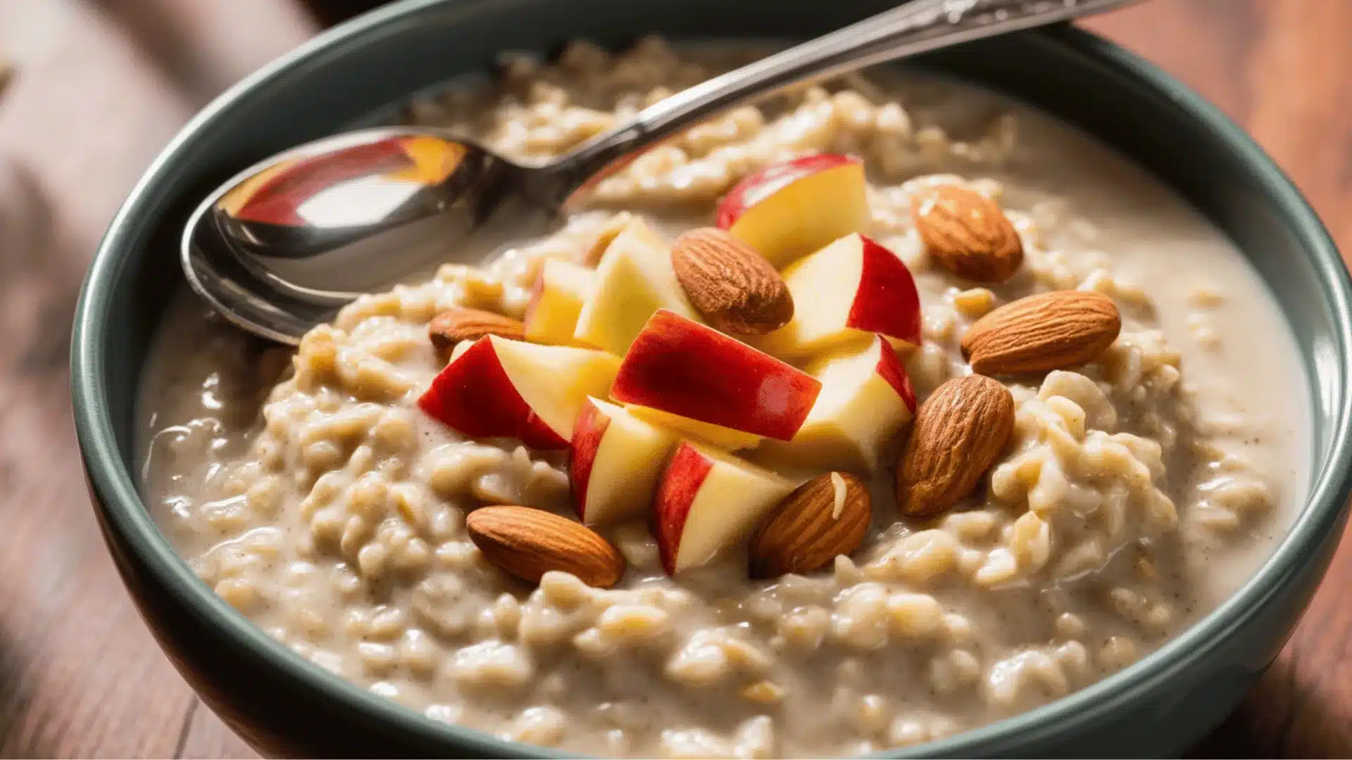 close-up photograph of a bowl of creamy oatmeal topped with diced red apples and roasted almonds