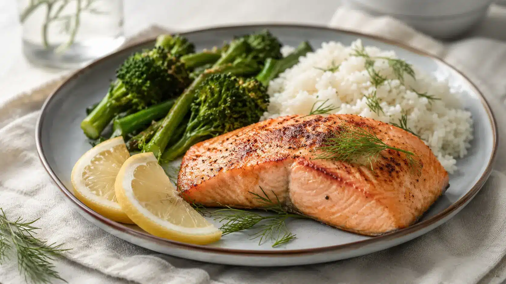 cooked salmon fillet served on a plate with rice, vegetables, lemon slices, and fresh dill