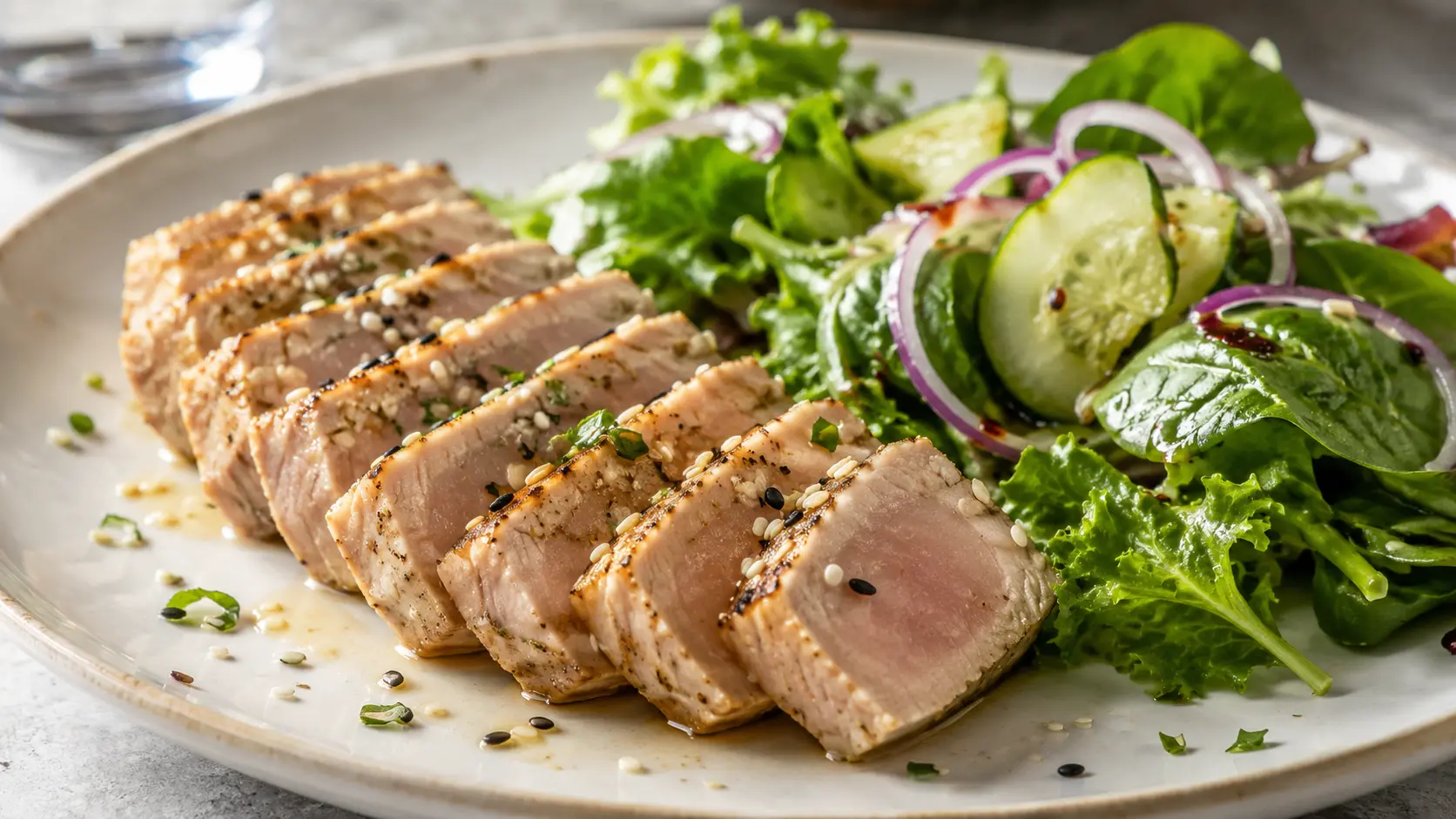 cooked seared tuna slices on a ceramic plate with fresh greens, sesame seeds, and a side salad