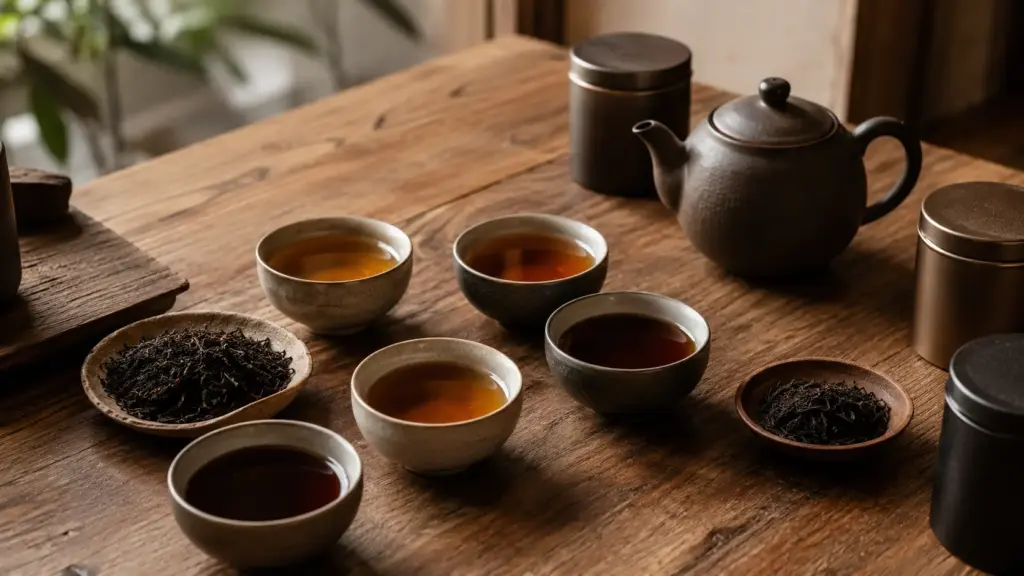 cozy black tea tasting setup with cups, loose leaves, teapot, and tins on a wooden table