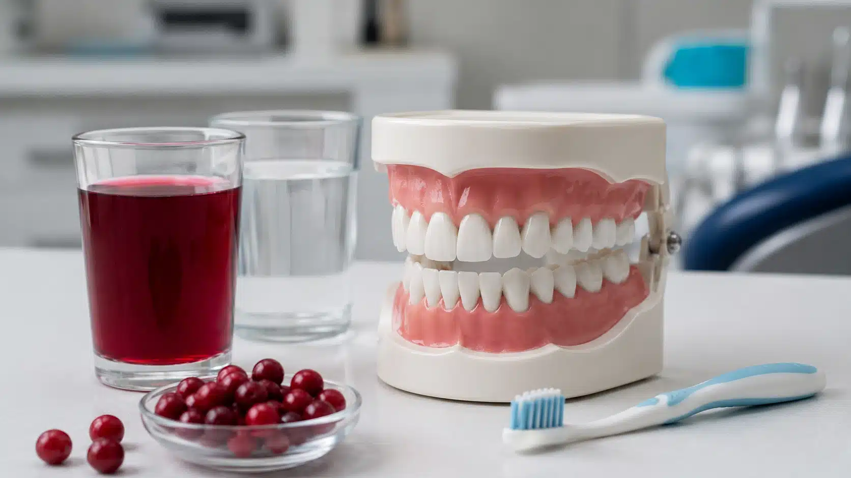 cranberry juice beside tooth model showing enamel acid exposure concern