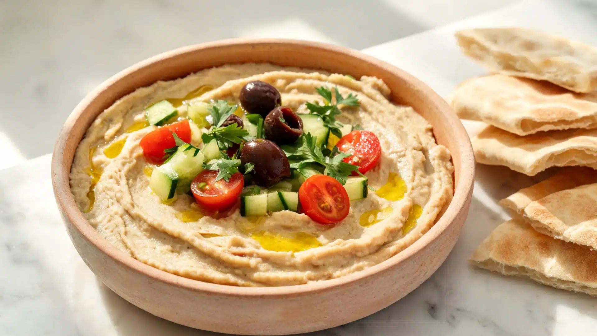 creamy hummus bowl topped with olives cherry tomatoes cucumber and parsley served with warm pita bread on marble surface