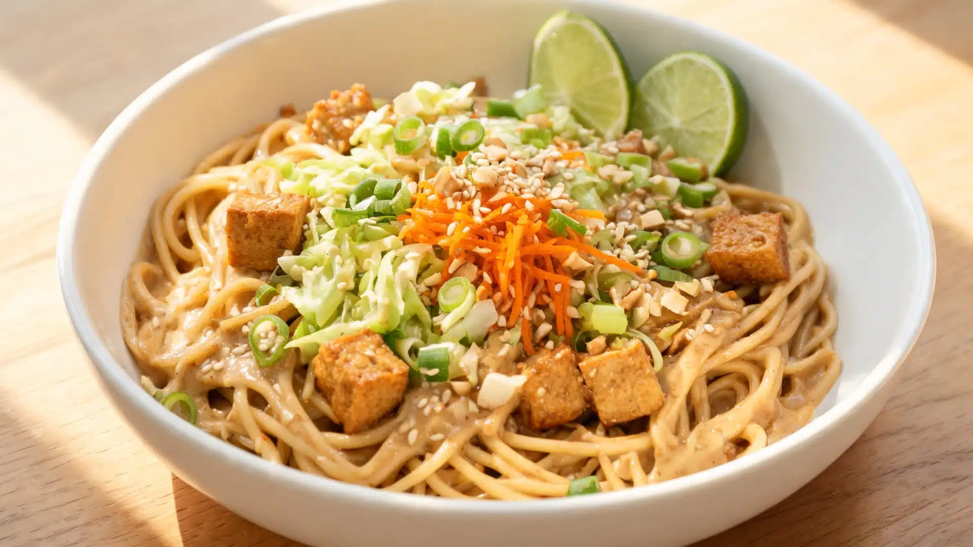 creamy peanut noodles with tofu cabbage carrots green onions sesame seeds and lime wedges