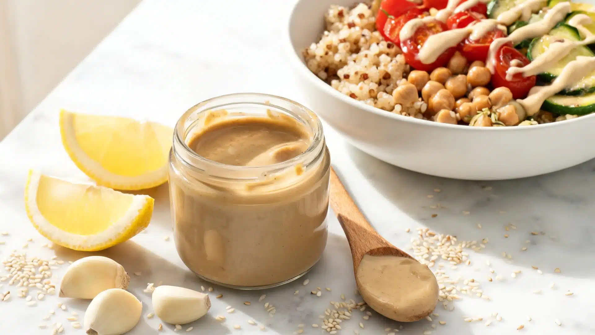 creamy tahini dressing with lemon garlic sesame seeds and a quinoa chickpea veggie bowl in the background